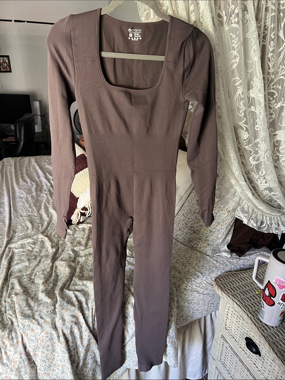 OGGI Square-Neck Long-Sleeve Ribbed Jumpsuit in Taupe